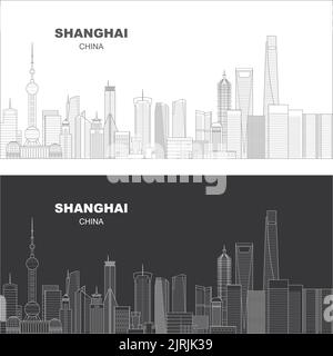 Mehrschichtige, editierbare Vektordarstellung Skyline von Shanghai, China, jedes Gebäude befindet sich auf einer separaten Ebene Stock Vektor