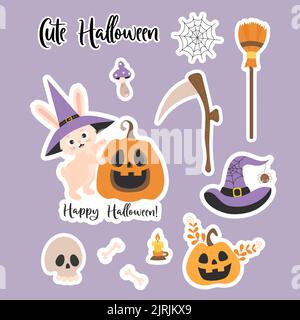 Halloween Sammlung Vektor Aufkleber. Niedlicher Hasencharakter in Hexenhut mit Laterne Kürbis Jack, Spinnennetz, Totenkopf, Hexenhut mit Spinne und Sense an Stock Vektor