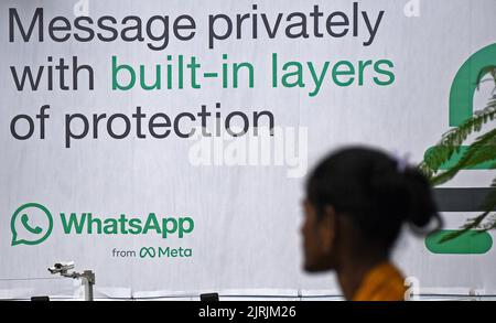 Mumbai, Indien. 24. August 2022. Eine Frau schaut sich das WhatsApp-Logo an, das auf einem Horten in Mumbai zu sehen ist. WhatsApp ist ein Instant Messenger und Voice-over-Internet-Protokoll des amerikanischen Unternehmens Meta, mit dem sich Menschen für gelegentliche oder geschäftliche Netzwerke auf der ganzen Welt miteinander verbinden können. (Foto von Ashish Vaishnav/SOPA Images/Sipa USA) Quelle: SIPA USA/Alamy Live News Stockfoto