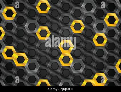 Schwarze und orangefarbene glänzende Sechsecke mit abstrakter Metallic-Struktur. Tech-Vektor-Hintergrund Stock Vektor