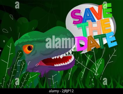 Dinosaurier mit Sprechblase Saying Save the Date Wort. Tyrannosaurus Rex mit Gedanken. Stock Vektor