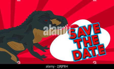 Dinosaurier mit Sprechblase Saying Save the Date Wort. Tyrannosaurus Rex mit Gedanken. Stock Vektor