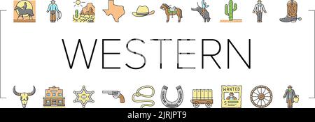 Western Cowboy Und Sheriff Man Icons Set Vector Stock Vektor