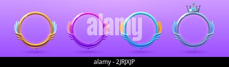 Futuristische Rahmen mit Federn und Krone für den Benutzer Avatar in Spiel-Oberfläche. Game ui-Elemente, leere Kreisrahmen mit glänzenden Gold-, Silber-, lila und blauen Rändern, Vektor-Cartoon-Set Stock Vektor