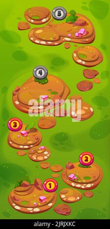 Spiel-Hintergrund mit Level-Karte mit Symbolen mit Zahlen auf Sommerlandschaft mit grünem Rasen, Gras und Steinen. Vektor-Cartoon-Illustration für mobile Spiel-Schnittstelle Stock Vektor