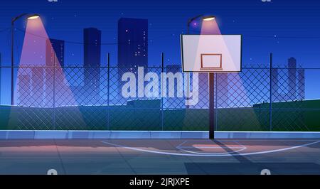 Street Basketball Court in der Nacht Stadt, Cartoon-Illustration. Vektor-Design von Outdoor-Sportplatz mit Ring auf Schild, beleuchtet von Laternen vor dunklen Stadtbild Hintergrund. Urbanes Workout Stock Vektor