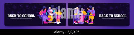Zurück zur Schule Flyer Vorlagen gesetzt. Flache Vektordarstellung glücklicher Studenten, die am Schreibtisch sitzen, studieren, kommunizieren, mit einem Laptop arbeiten, Bücher auf dunklem Hintergrund mit Kritzelbildungssymbolen lesen Stock Vektor