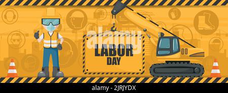 Industrial Labor Day Hintergrund mit Teleskopkran trägt ein Zeichen und Arbeiter in seiner persönlichen Schutzausrüstung Stock Vektor