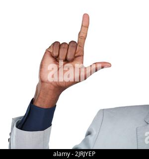 Lassen Sie Ihre Finger reden. Ausgeschnittene Studioaufnahme eines Geschäftsmanns, der die Nummer zwei mit den Fingern vor weißem Hintergrund zeigt. Stockfoto