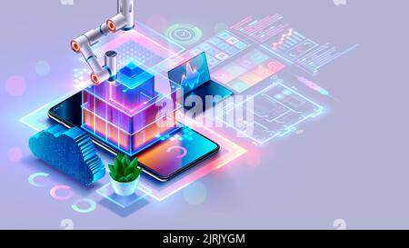 Entwicklung von Hardware, Software-System von Smart Building. Architekturentwicklung von Smart House. 3D Entwurf des Gebäudes, technische Kommunikation Stock Vektor