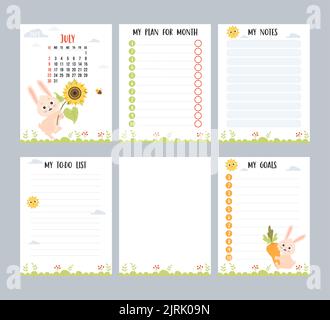 Juli 2023. Farm Kalender Planer für den Sommer Monat mit niedlichen Kaninchen mit Sonnenblume und Biene. Vektor-Set von vertikalen Seitenvorlagen To-Do-Liste, mein Plan ein Stock Vektor