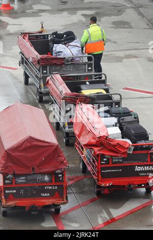 Hamburg, Deutschland. 07.. Juli 2022. Hamburg Airport: Ein Flugzeug wird mit Koffern auf dem Vorfeld verladen. Kredit: Bodo Marks/dpa/Bodo Marks/dpa/Alamy Live Nachrichten Stockfoto