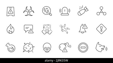 Symbol für die Linie „Gefahr für biologische Gefahr“ gesetzt. Brandgefahr, giftige, chemische Strahlung Zeichen. Warnsymbol für Viren, Bomben, Gasmasken. Dünne Linie bearbeitbares Konturzeichen. Vektorgrafik. Stock Vektor