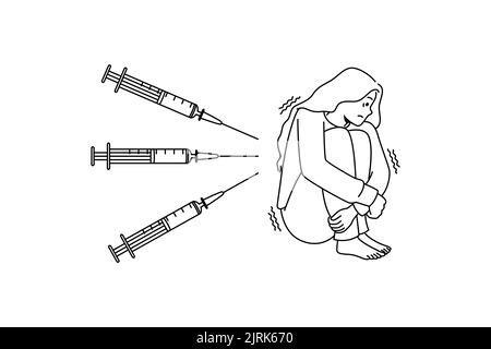 Unglücklich verängstigte Frau, die sich durch Injektionen erschrocken fühlt. Unwohl ängstliches Mädchen erschreckt mit Nadeln und Spritzen. Angst vor Impfungen. Vektorgrafik. Stock Vektor