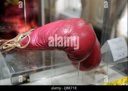 NEW YORK, NY - 21. OKTOBER: Ein Paar Schuhe, die der Schauspieler Sylvester Stallone im Film „Rocky VI“ trägt, wird während einer Presseinterview der Heritage Auctions gezeigt, die am 20. Oktober 2015 in New York anlässlich einer Auktion von Erinnerungsstücken aus der beliebten Boxsaga im Fletcher-Sinclair Mansion versteigert wird. Sylvester Stallone trennt sich von Hunderten von Erinnerungsstücken aus den Filmen „Rocky“ und „Rambo“, darunter die Schuhe, eine Boxrobe aus „Rocky IV“ und die Jacke der US-Armee, die er als John Rambo im Film „First Blood“ von 9182 trug. Die Artikel werden von Heritage Auctions in Los Angeles und online versteigert, mit Th Stockfoto