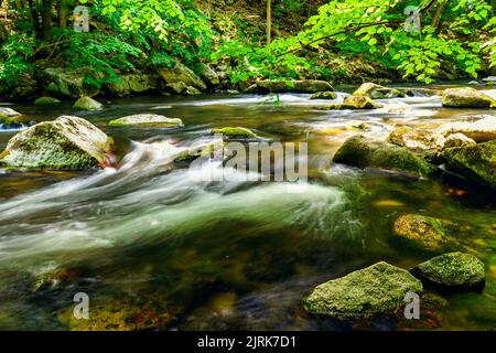 Blick auf das Bode-Flussbett im Harz bei strahlendem Sonnenschein Stockfoto