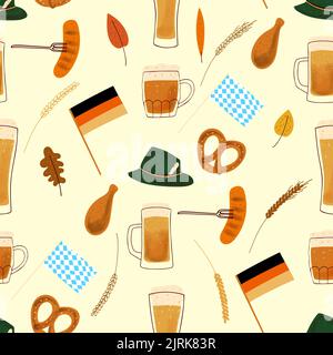 Oktoberbeerfest nahtlose Musterillustration mit stilisierten Bierbechern, traditionellen Snacks Brezel und gegrillter Wurst Stock Vektor
