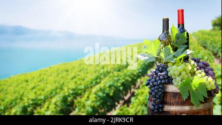 Rot- und Weißweinflaschen und Trauben auf Weinfass vor der Landschaft des Weinbergs. Sonniger Sommertag in der Nähe des Genfer Sees Stockfoto