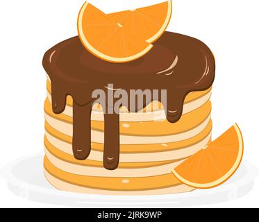 Gebratene Pfannkuchen auf einem Teller. Pfannkuchen mit Schokolade, Orangenscheiben, Nachtisch zum Mittagessen. Schönes Kartendesign für Happy Pancake Day.Vektor-Illust Stock Vektor