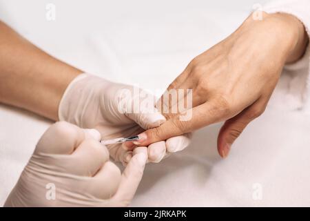 Manikuristin bedeckt Frauennägel mit Nagellack. Frau Hand während der Maniküre Sitzung mit qualifizierten Manikuristin, Nagelpflege-Prozess, Nahaufnahme Stockfoto
