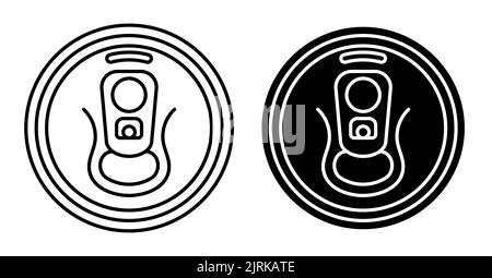 Lineares Symbol, Aluminiumsoda kann von oben gesehen werden. Metallbierkellerei mit Schlüssel zum Öffnen aus hohem Winkel. Einfacher Schwarz-Weiß-Vektor auf weißem Hintergrund isoliert Stock Vektor