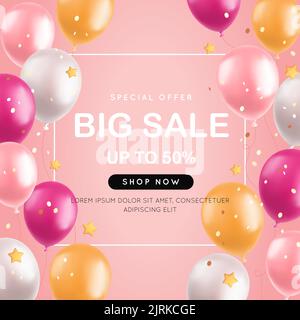 Großer Verkauf mit 3D Luftballons, realistischen rosa und gelben Luftballons, Sternen und Konfetti auf rosa Hintergrund. Banner für Sonderangebote, große Eröffnung des Shops Stock Vektor