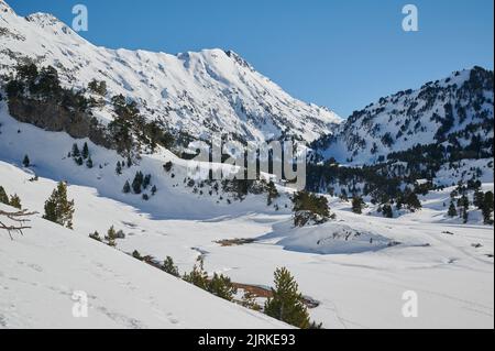 Landschaft von hohen felsigen Kamm der Pyrenäen mit Schnee bedeckt, umgeben von immergrünen Wäldern unter wolkenlosem Himmel in Benasque Stockfoto