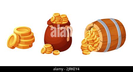 Set Holzfass mit Schatz Goldmünzen, alte Tasche, Sack in Cartoon-Stil isoliert auf weißem Hintergrund. UI-Spielelement. Detailliertes, strukturiertes Objekt. Container retro. Vektorgrafik Stock Vektor