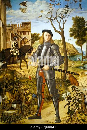 Junger Ritter in einer Landschaft c. 1505 von Vittore Corpacio c.1465-1525.Italienischer Maler der venezianischen Schule Stockfoto