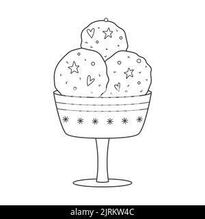 Eiscremekugeln mit Streuseln in einer Cremeschüssel mit Schneeflocken umrandet. Kaltes Dessert aus Milchprodukten. Saisonale Süßspeisen. Schwarz-Weiß-Doodle handgezeichnet Vec Stock Vektor
