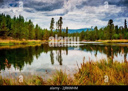 Digital erstellte Aquarellmalerei eines friedlichen Blickes auf den Firehole River im Yellowstone National Park Stockfoto