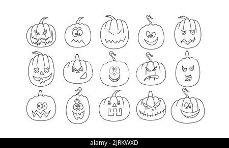 Halloween Kürbis Ikonen, isoliert auf einem weißen Hintergrund. Ein Satz Kürbisse für Halloween. Kürbis Monster Gesichter. Frohe Halloween. Stock Vektor