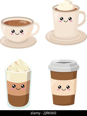 Verschiedene Kaffeetassen mit lächelnden Gesichtern auf weißem Hintergrund Stock Vektor
