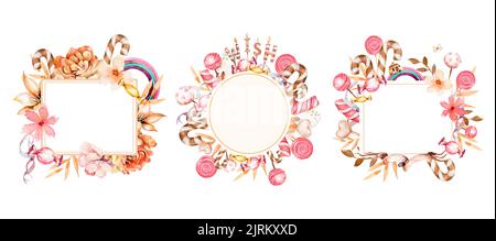 Candy-Rahmen für Aquarell-Text. Geburtstag und Feiertage. Rahmen für Text. Bonbons, Lutscher und Regenbogen isoliert auf weißem Hintergrund Stockfoto