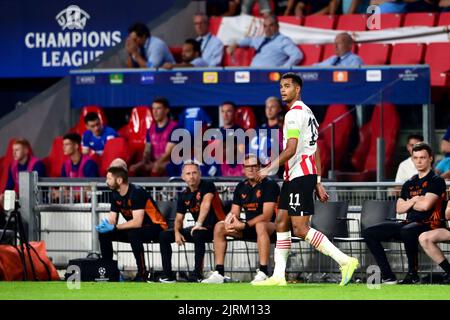 EINDHOVEN - Cody Gakpo vom PSV während des UEFA Champions League-Play-off-Spiels zwischen PSV Eindhoven und dem Rangers FC am 24. August 2022 im Phillips Stadium in Eindhoven, Niederlande. ANP OLAF KRAAK Stockfoto