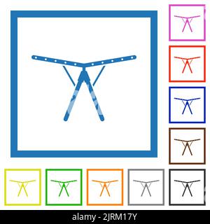 Zusammenklappbare Wäscheständer für Wäschetrockner mit durchgehenden, flachen Farbsymbolen in quadratischen Rahmen auf weißem Hintergrund Stock Vektor