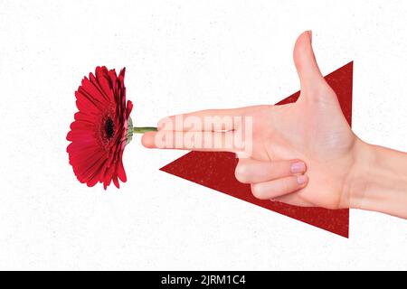 Creative 3D Foto Kunstwerk Grafik Malerei der Finger Pistole schießen rote Blüte isoliert Zeichnung Hintergrund Stockfoto