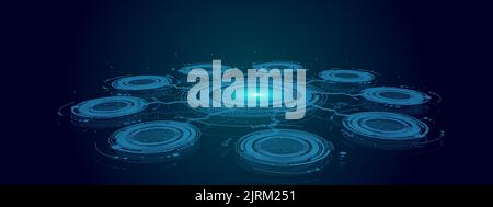 Hi-Tech-Bühne oder Raum mit digitaler Architektur umreißt. Magisches Portal, Hologramm, Kreisteleport, Sci-Fi-Gadget. Hightech Stock Vektor