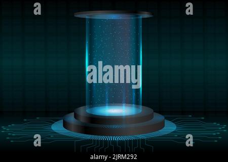 Hi-Tech-Bühne oder Raum mit digitaler Architektur umreißt. Magisches Portal, Hologramm, Kreisteleport, Sci-Fi-Gadget. Hightech Stock Vektor