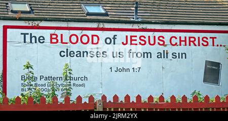 Das Blut Jesu Christi, reinigt uns von allen Sünden, 1 Johannes 1:7, Zitat: Bibelmusterkirche, 22 Shaw Rd, Blackpool, Lancs, England, UK, FY1 6HA Stockfoto