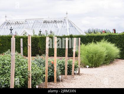 Die eleganten viktorianischen Gewächshäuser in den Eythrope Gardens auf dem Anwesen von Waddesdon Manor. Stockfoto