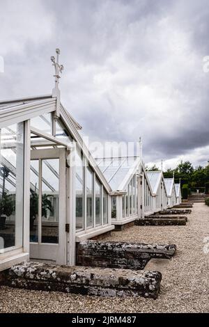 Die eleganten viktorianischen Gewächshäuser in den Eythrope Gardens auf dem Anwesen von Waddesdon Manor. Stockfoto