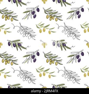 Oliva Vektor nahtloses Muster. Grüne und schwarze Olivenbaumbäste auf weißem Hintergrund. Eine kontinuierliche Linie Art Zeichnung Oliven Muster Stock Vektor