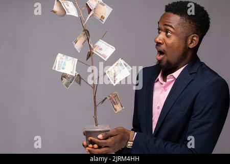 Überraschte Geschäftsmann hält eine Pflanze mit Geld als Blätter Stockfoto
