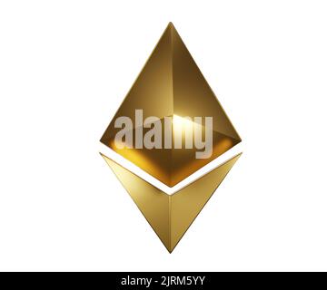 Ethereum Cryptocurrency Icon 3D Rendering. Gold 3D gerendertes Ethereum-Symbol isoliert auf weißem Hintergrund. Stockfoto