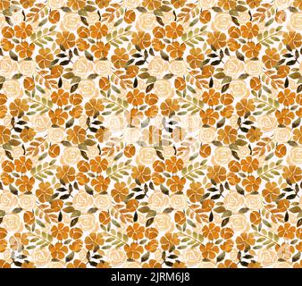Überall mit Blümchenmuster. Nahtloser Druck mit Jugendstilmotiven. Blumenhintergrund in der Palette von verblassten roten, orangen, cremefarbenen und blaugrünen Farben. Stockfoto