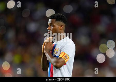 Ansu Fati vom FC Barcelona während des Freundschaftsspiel zugunsten der als zwischen dem FC Barcelona und Manchester City spielte am 24. August 2022 im Spotify Camp Nou Stadium in Barcelona, Spanien. (Foto von Colas Buera / PRESSIN) Stockfoto