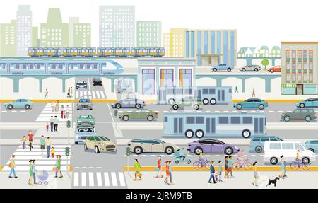 Straßenverkehr mit Expresszug, Bus und Hochzug Stock Vektor