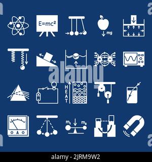 Physikwissenschaft Symbol im Glyphen-Stil gesetzt. Physikalische Gesetze und Symbole. Vektorgrafik Stock Vektor