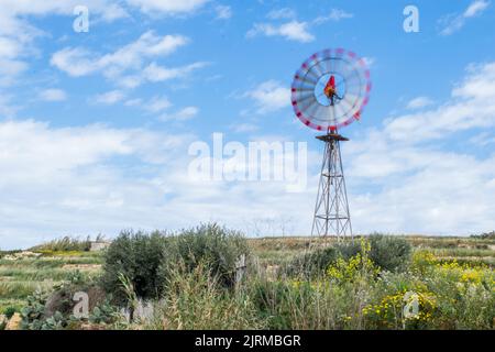 Eine funktionsfähige Windpumpe mit rotierendem Rotor mit mehreren Lamellenscheiben in Bewegung, die zur Wassergewinnung in der Landwirtschaft auf der Insel Gozo auf den maltesischen Inseln verwendet wird Stockfoto